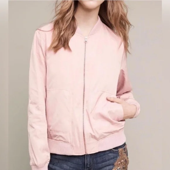 Anthropologie HEI HEI Journey Bomber Satin Jacket Blush Pink Women’s Size Small - Picture 11 of 11